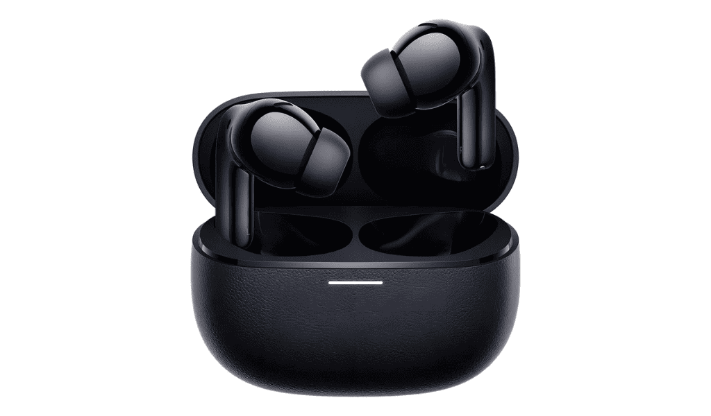 Fones de ouvido Bluetooth Xiaomi Redmi Buds 5 Pro em estojo de carregamento preto, destacando design moderno e tecnologia de cancelamento de ruído, um dos melhores fones TWS custo-benefício em 2025