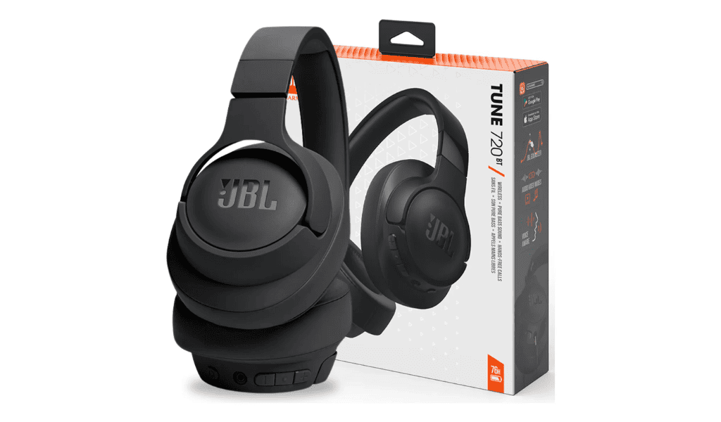 Fone de ouvido Bluetooth JBL Tune 720BT preto exibido ao lado da caixa, destacando design over-ear, conforto e longa duração de bateria, um dos melhores fones custo-benefício em 2025.