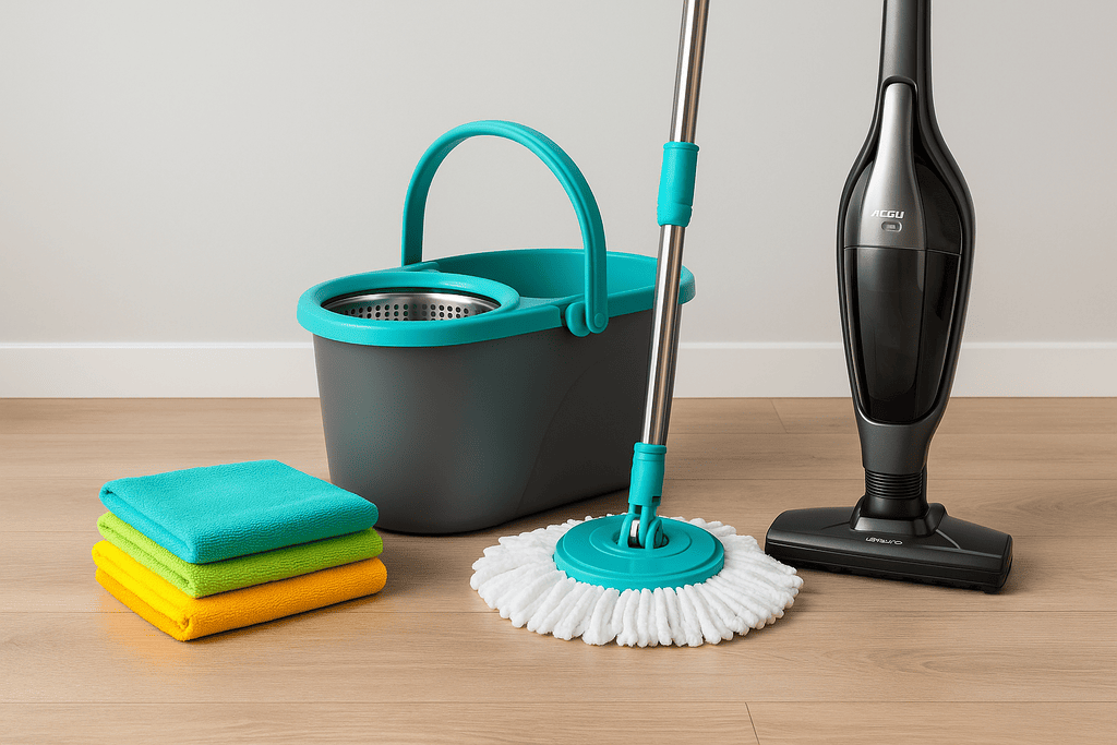 Conjunto de itens de limpeza doméstica, incluindo panos de microfibra coloridos, um esfregão mop com balde centrífugo e um aspirador de pó moderno sobre um piso de madeira claro.