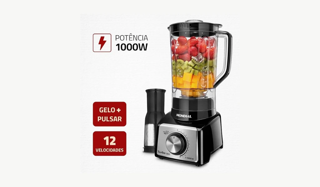 Liquidificador potente com 12 velocidades e função pulsar, copo resistente e lâminas afiadas, ideal para preparar sucos, vitaminas e receitas com praticidade em 2025.