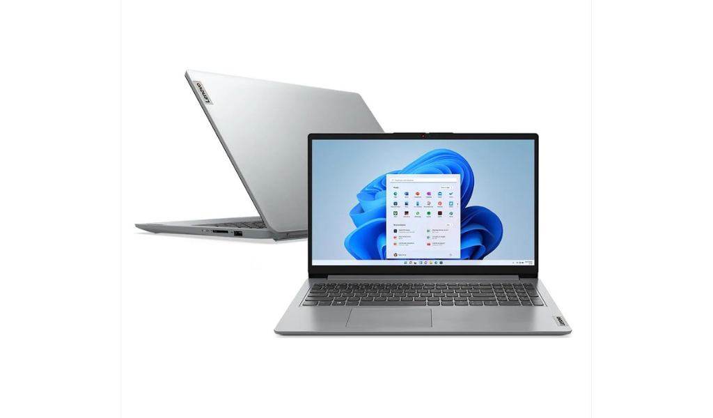 Notebook Lenovo IdeaPad 1 com Intel Core i3 de 12ª geração, 8GB de RAM e 256GB SSD, aberto com Windows 11 na tela, ideal para quem busca notebook leve e barato para estudo e trabalho em 2025.
