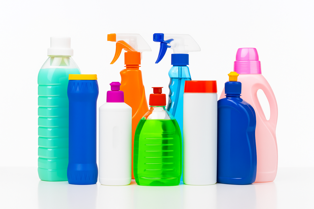 Vários frascos de produtos de limpeza organizados lado a lado sobre uma superfície branca, incluindo embalagens coloridas com tampas de spray, flip-top e rosqueáveis.