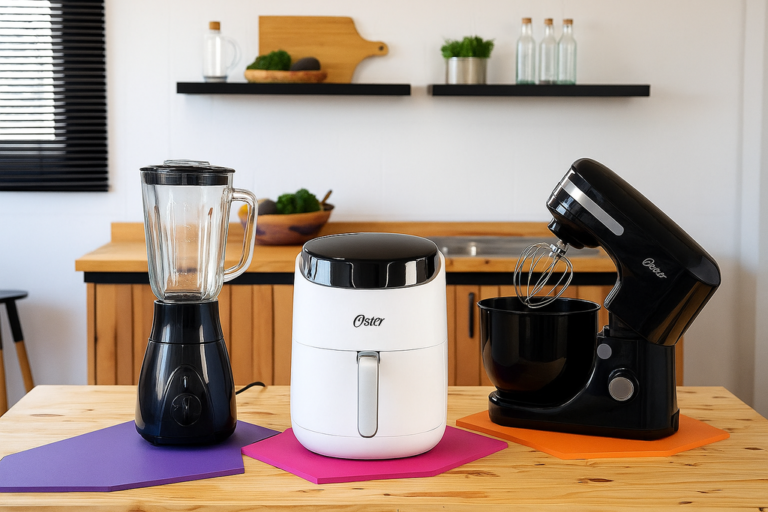 Liquidificador, air fryer e batedeira sobre bancada de madeira em cozinha moderna, destacando os melhores eletroportáteis custo-benefício de 2025 para facilitar o dia a dia com praticidade e versatilidade.