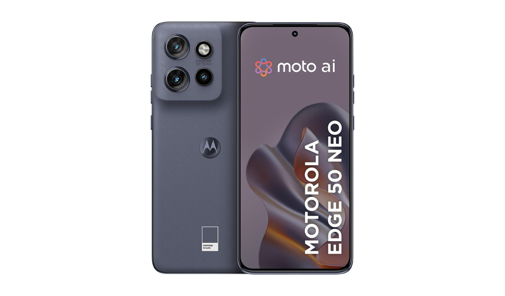 Smartphone Motorola Edge 50 Neo 5G exibindo tela curva e ultrarresistência militar e traseira com câmera dupla, design elegante e cores vibrantes, ideal para quem busca celular intermediário com bom desempenho e custo-benefício em 2025