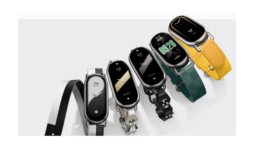Várias Xiaomi Smart Band 8 alinhadas com pulseiras de couro e silicone em cores variadas, mostrando telas AMOLED com relógio e rastreamento fitness, ideal para quem busca smartband custo-benefício em 2025.