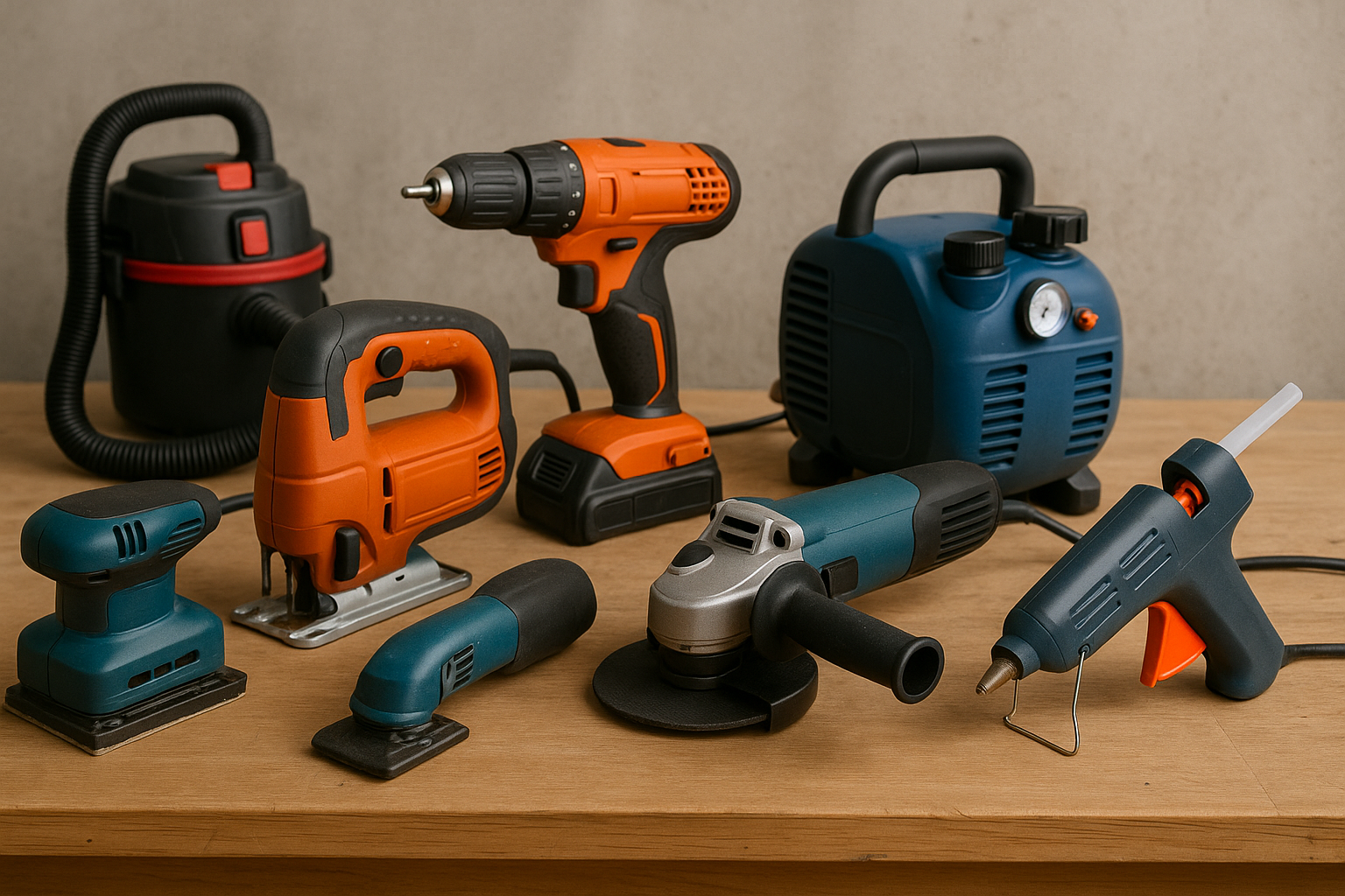 Conjunto de ferramentas elétricas essenciais sobre bancada de madeira, incluindo furadeira, lixadeira, serra tico-tico, esmerilhadeira, aspirador portátil, pistola de cola quente e compressor de ar.