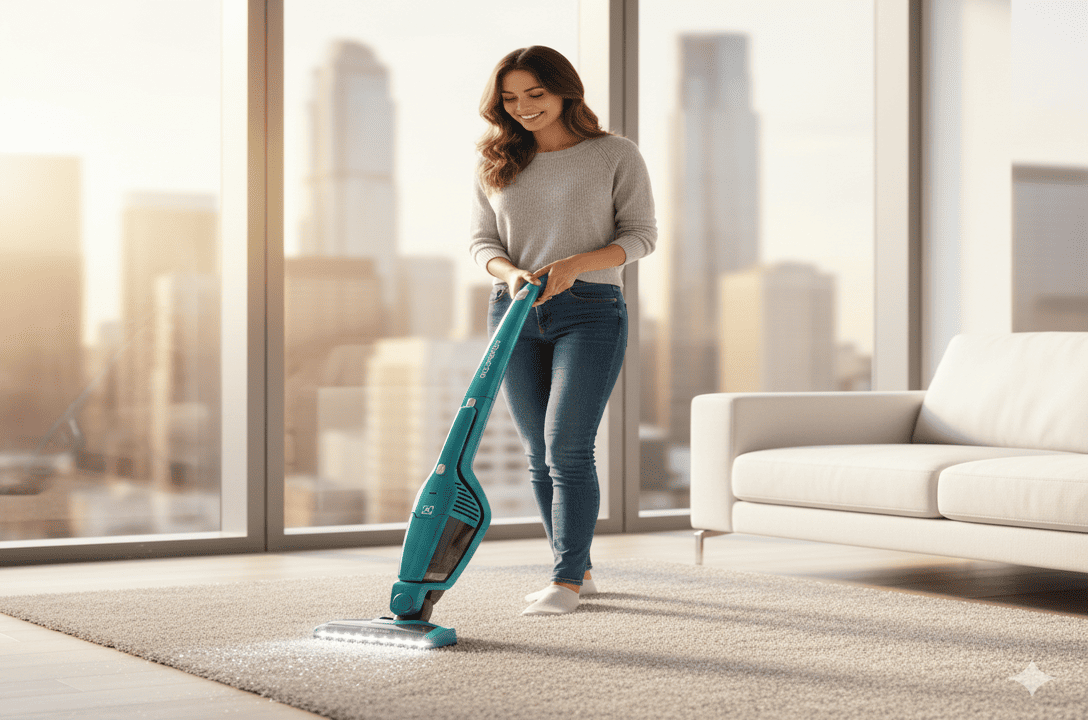 Uma jovem mulher, sorridente e com cabelos longos e castanhos, usa um aspirador vertical Electrolux ERG22 azul e cinza. Ela está em uma sala de estar moderna, com grandes janelas que mostram um horizonte de cidade ao pôr do sol. A luz do sol entra pela janela, iluminando o ambiente e a mulher, que está limpando um tapete felpudo.