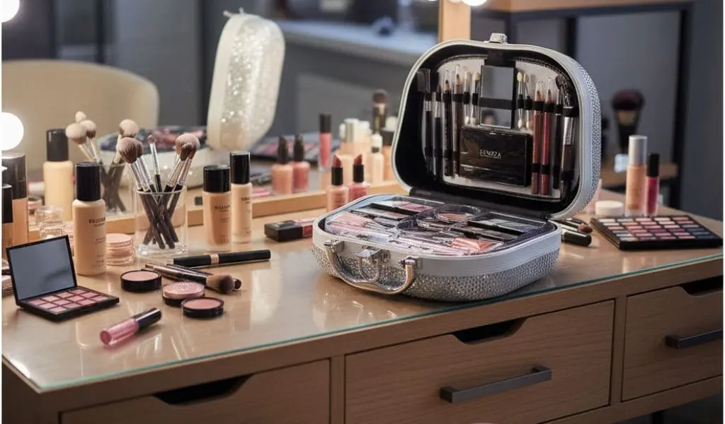 Uma maleta de maquiagem Frenzza prateada e brilhante, aberta sobre uma elegante penteadeira de madeira clara com tampo de vidro. A mesa está repleta de diversos produtos de maquiagem como bases, pincéis, paletas de sombra e blushes.