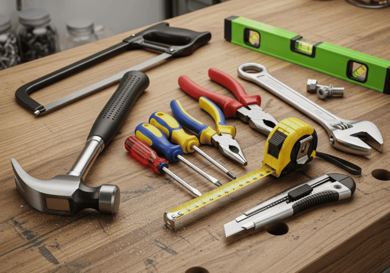 Conjunto de ferramentas manuais sobre bancada de madeira, incluindo martelo, chaves de fenda, alicates, trena, estilete, chave ajustável, arco de serra e nível de bolha.