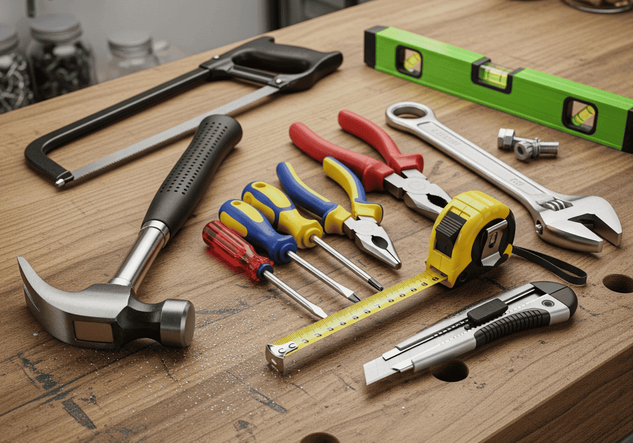 Conjunto de ferramentas manuais sobre bancada de madeira, incluindo martelo, chaves de fenda, alicates, trena, estilete, chave ajustável, arco de serra e nível de bolha.