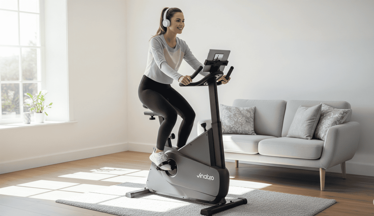 Mulher sorrindo pedalando uma bicicleta ergométrica para apartamento em uma sala de estar, mostrando como o modelo é silencioso e moderno, ideal para treinar em casa sem fazer barulho.
