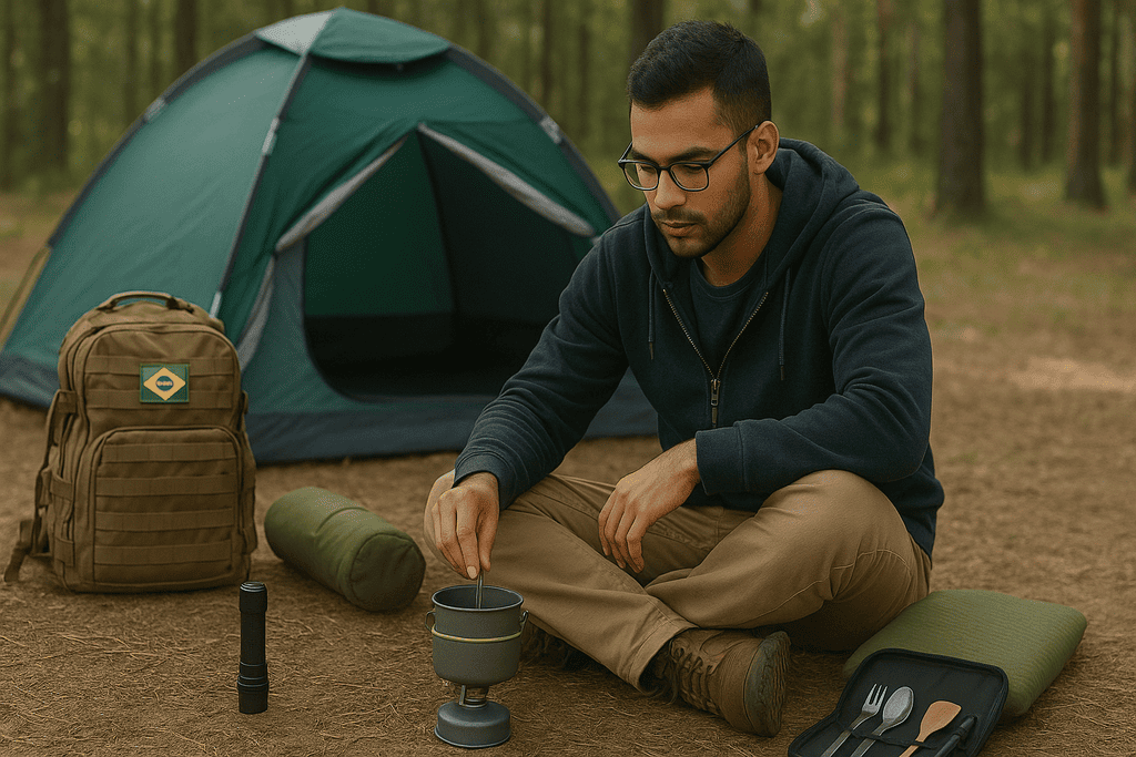 Homem acampando em floresta com barraca, mochila, fogareiro portátil e kit de utensílios — novos equipamentos de camping no Brasil com tecnologia inovadora.