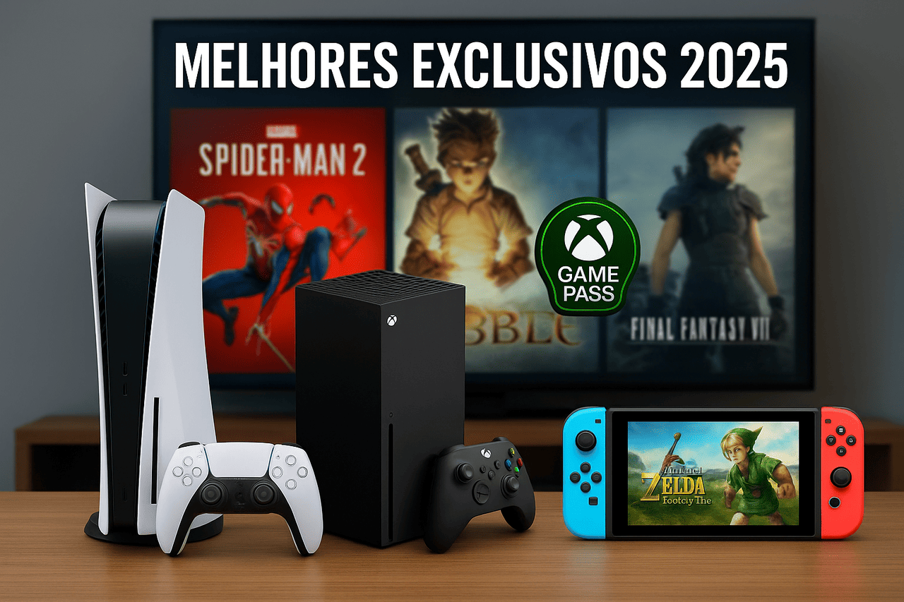 Consoles PlayStation Xbox e Nintendo Switch lado a lado com jogos exclusivos de 2025 em destaque