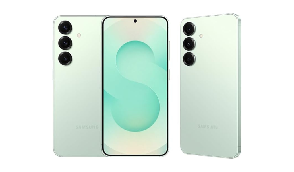 Samsung Galaxy S25 5G verde, smartphone premium 2025 com três câmeras traseiras, tela infinita e design moderno
