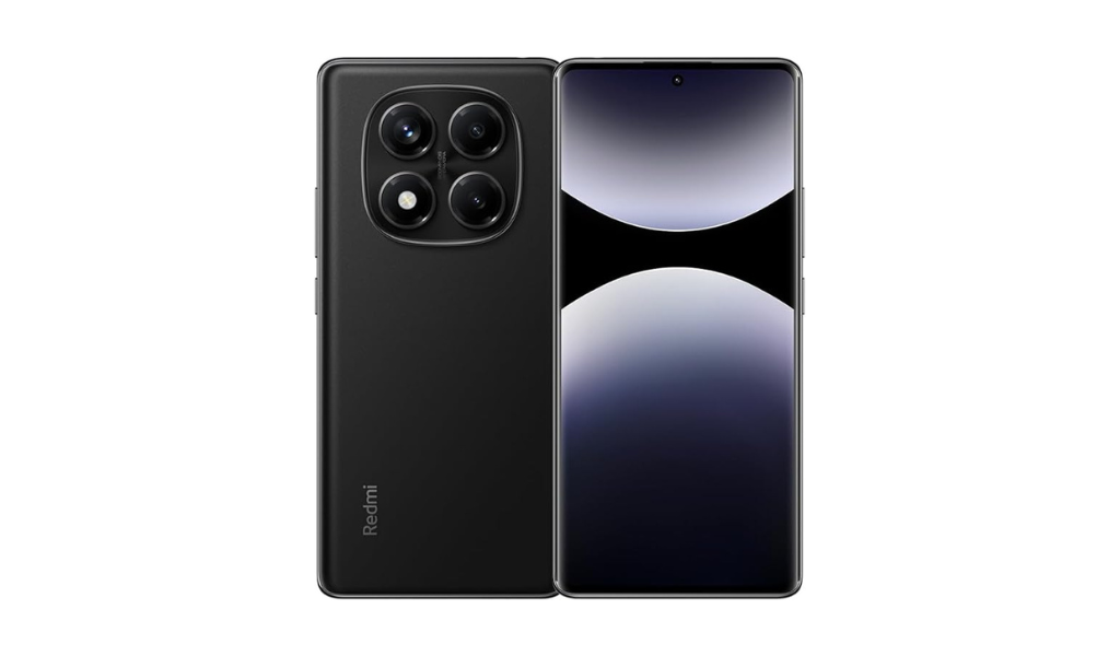 Smartphone Xiaomi Redmi Note 14 Pro 5G na cor preta, com tela ampla de bordas finas e conjunto de quatro câmeras traseiras dispostas em módulo quadrado.