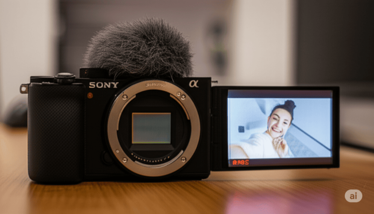 Câmera Sony Alpha ZV-E10 com tela articulada exibindo gravação de vlog, modelo popular em 2025 para criadores de conteúdo.