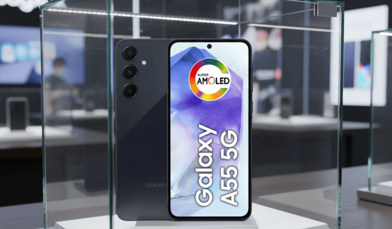 Samsung Galaxy A55 5G em uma vitrine, destacando seu design moderno e tela AMOLED vibrante, ilustrando a oferta de 'metade do preço' para a pechincha do ano.
