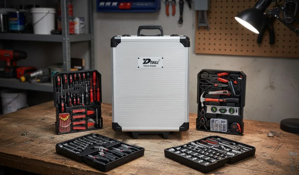 Kit de ferramentas versátil em sua caixa metálica, com bandejas separadas que mostram uma variedade de ferramentas manuais e acessórios, perfeito para ser um dos 5 modelos de caixa de ferramentas custo-benefício pequena e barata