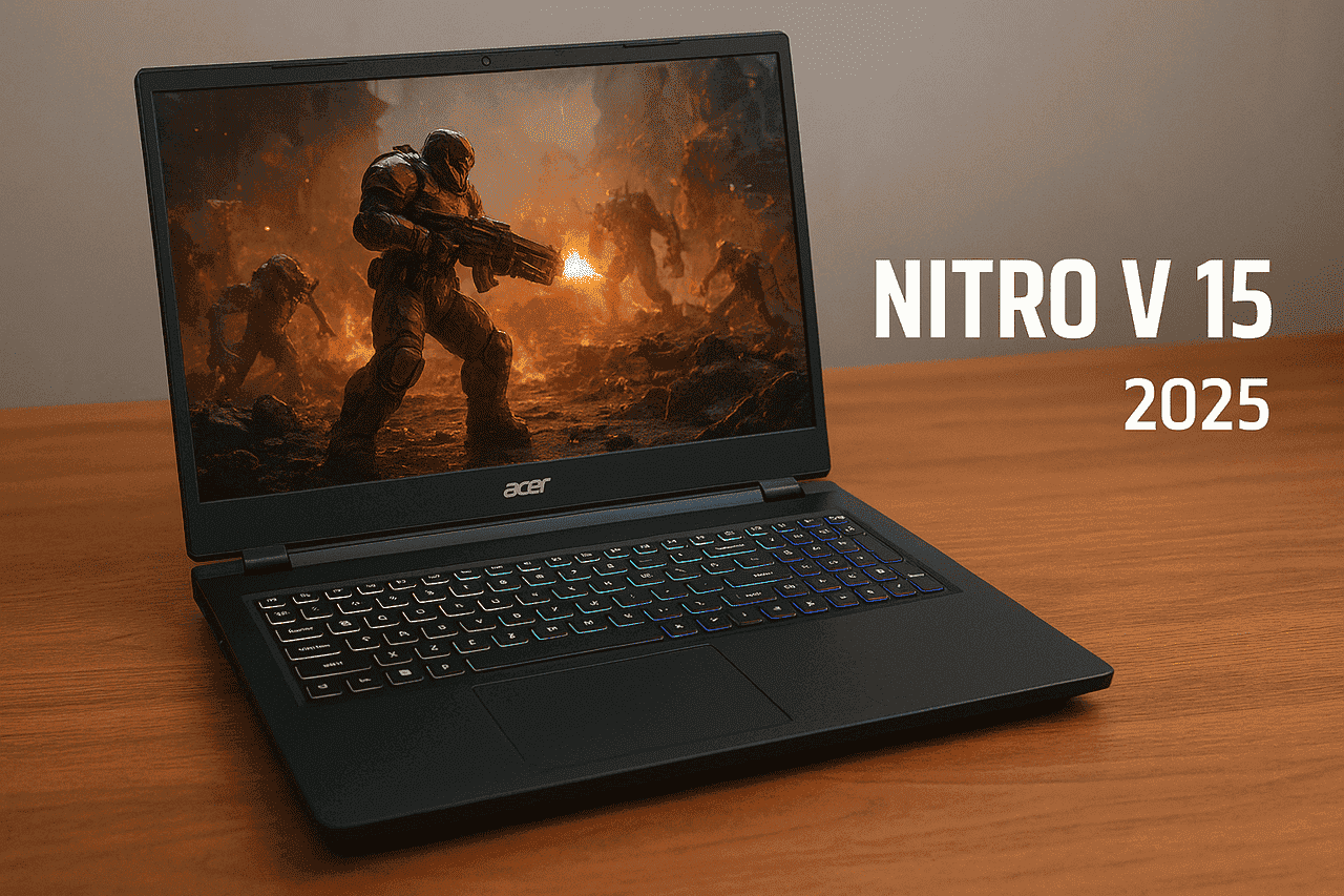Notebook gamer Acer Nitro V 15 2025 com tela 144Hz exibindo jogo de ação, design moderno e ótimo custo-benefício.