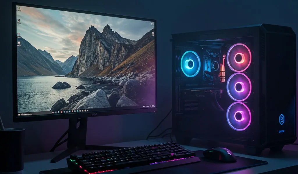 PC Gamer Ryzen 5 5600G em uma mesa gamer com iluminação RGB, monitor, teclado e mouse