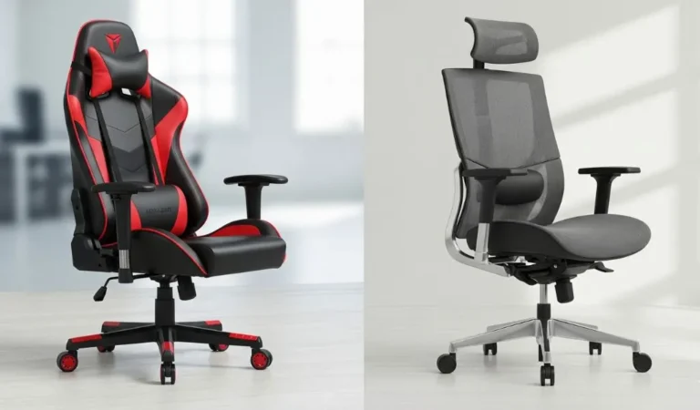 Comparativo visual entre uma cadeira gamer vermelha e preta, com design esportivo, e uma cadeira de escritório ergonômica cinza de tela mesh, destacando as diferenças no design para a batalha Cadeira Gamer vs. Cadeira de Escritório.