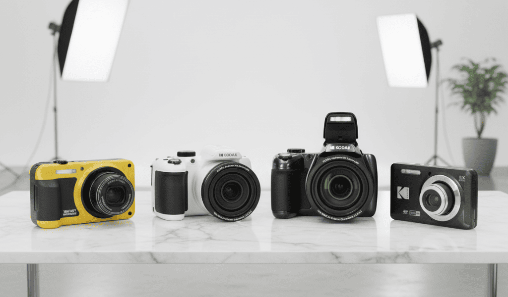 Coleção de câmeras digitais Kodak, incluindo modelos à prova d'água e superzoom, em um cenário de estúdio minimalista.