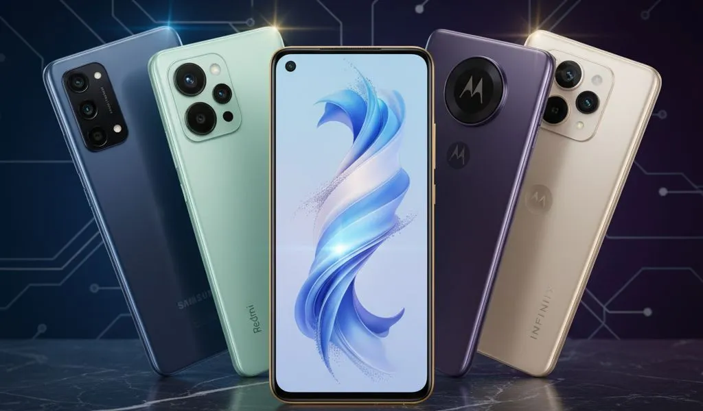 Destaque visual dos cinco melhores smartphones custo-benefício surpreendentes (Xiaomi, Samsung, Motorola, Infinix) que oferecem desempenho premium por um preço acessível.