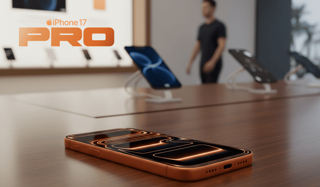 iPhone 17 Pro na cor laranja cósmico em close-up, destacando o novo design de câmera e a tela vibrante, ilustrando o artigo sobre a 'Evolução Mais Poderosa e Eficiente