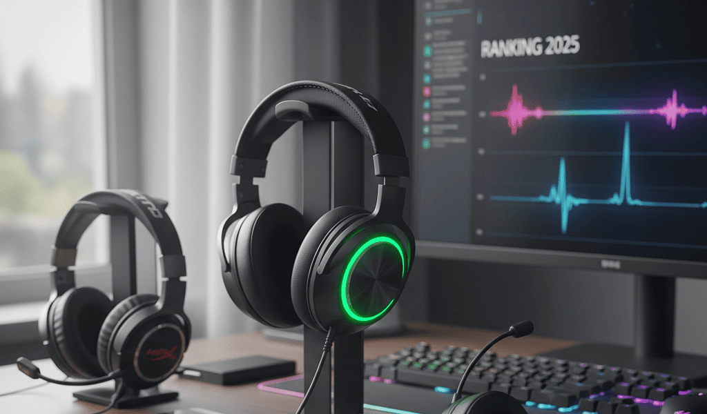 Mesa com vários fone de ouvido com fio para jogos e áudio, um monitor exibindo gráficos de som e um teclado iluminado, destacando tecnologia e desempenho.