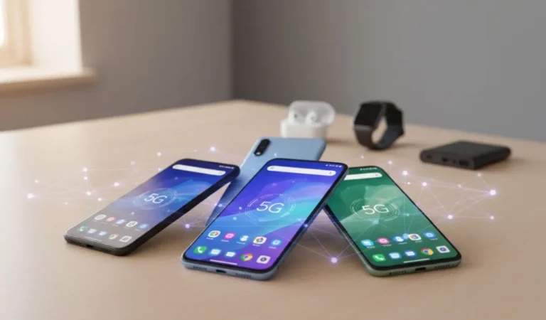 Dispositivos móveis com tela exibindo o símbolo 5G, representando a rápida conexão de rede para os melhores smartphone 5G disponíveis no mercado.