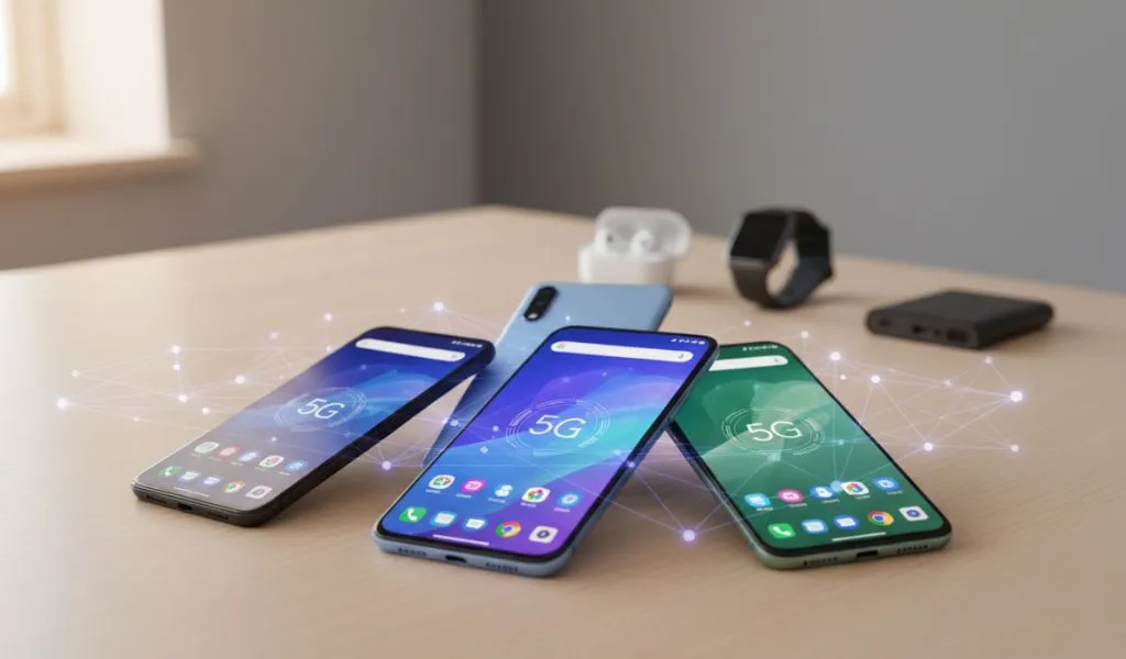 Dispositivos móveis com tela exibindo o símbolo 5G, representando a rápida conexão de rede para os melhores smartphone 5G disponíveis no mercado.