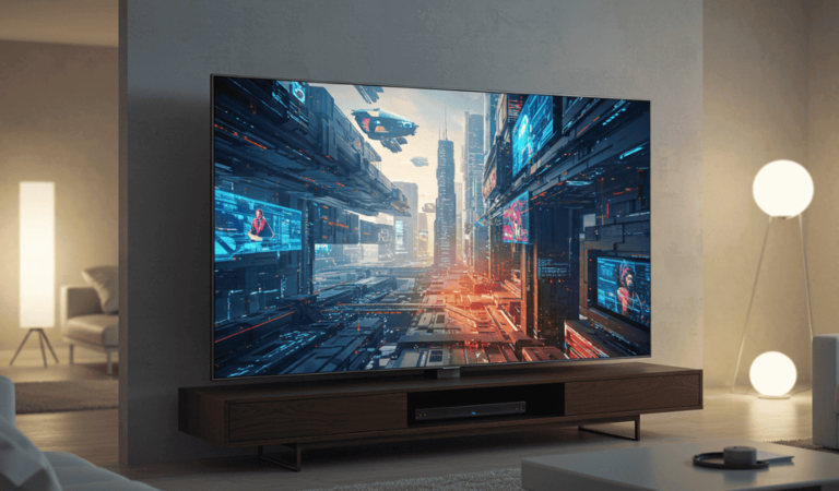 Sala moderna com uma TV de tela grande exibindo imagem futurista em alta definição, representando a melhor TV custo-benefício 2025 para quem busca qualidade de imagem e design elegante.