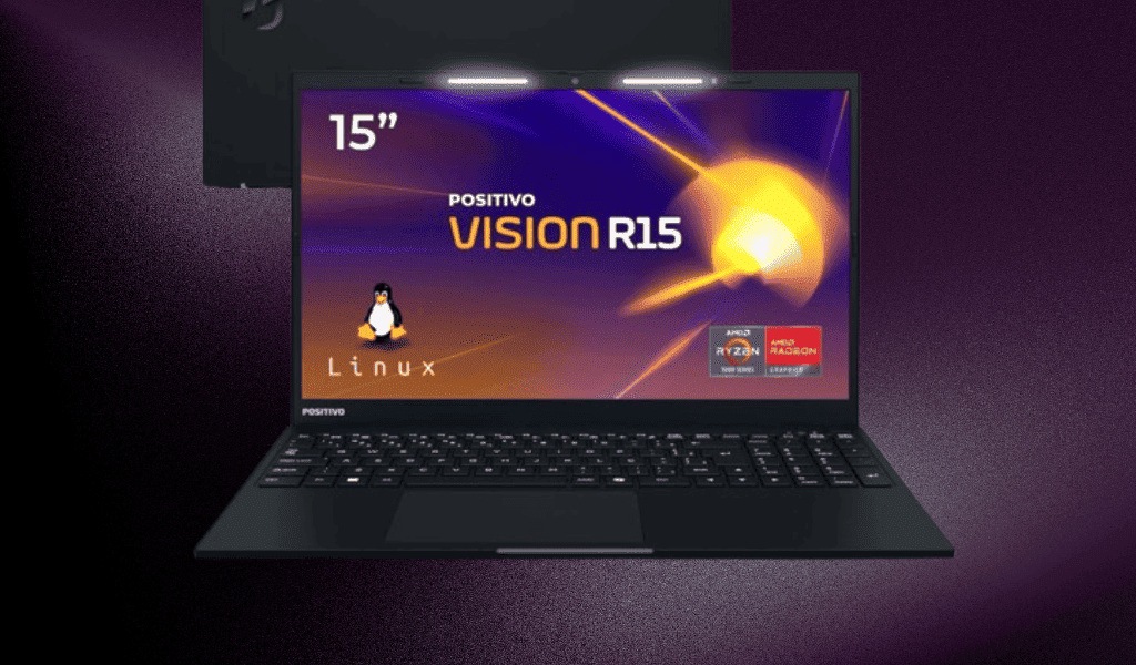 Notebook Positivo Vision R15 de 15 polegadas com Linux, processador AMD Ryzen e design moderno, ideal para desempenho no dia a dia