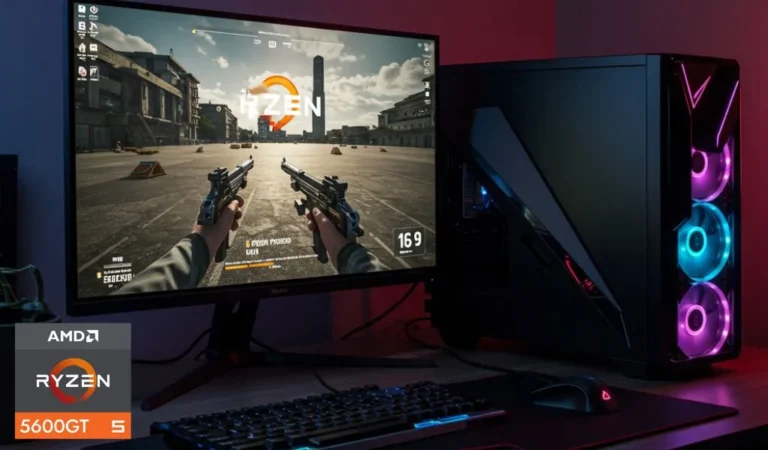 Imagem ultra-realista de um setup de PC gamer com um gabinete preto iluminado por luzes RGB, monitor widescreen, teclado e mouse gamer. A imagem destaca o desempenho do processador Ryzen 5 5600GT em um ambiente de jogo imersivo.