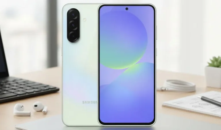 Um smartphone Samsung Galaxy A36 verde menta em pé sobre um laptop, com fones de ouvido sem fio ao lado e um ambiente de escritório desfocado ao fundo, destacando o melhor smartphone até R$1500.