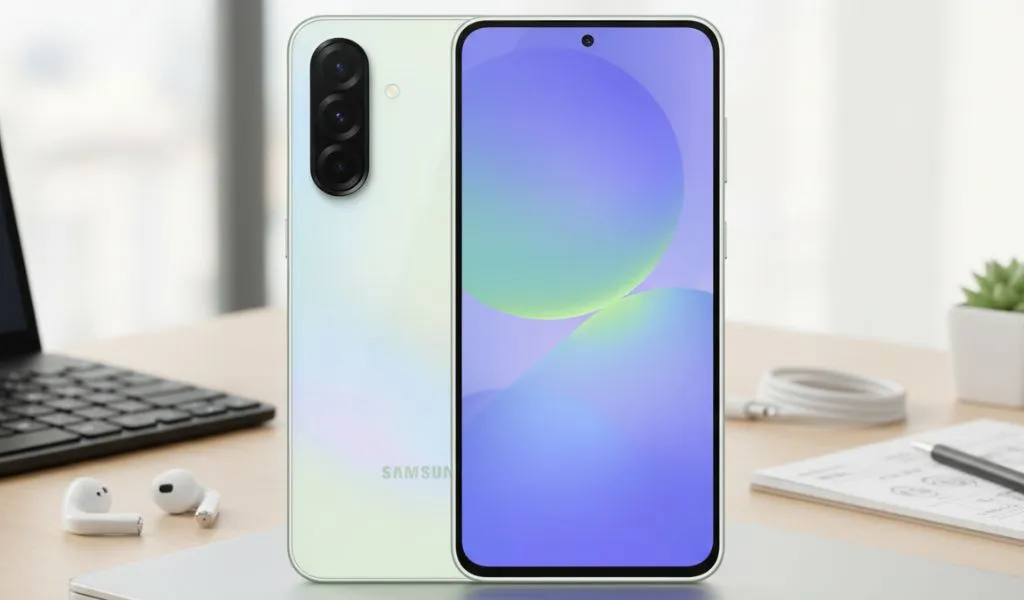 Um smartphone Samsung Galaxy A36 verde menta em pé sobre um laptop, com fones de ouvido sem fio ao lado e um ambiente de escritório desfocado ao fundo, destacando o melhor smartphone até R$1500.