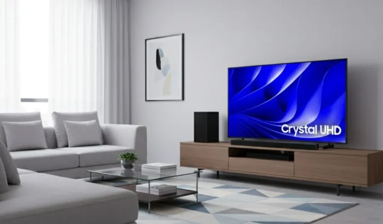 Uma Smart Big TV Samsung Crystal UHD 4K de 75 polegadas com um soundbar e subwoofer sem fio, exibindo uma tela vibrante com a logo "Crystal UHD", posicionada em um elegante móvel de madeira em uma sala de estar moderna e minimalista, com um sofá cinza claro, mesa de centro de vidro e um tapete geométrico