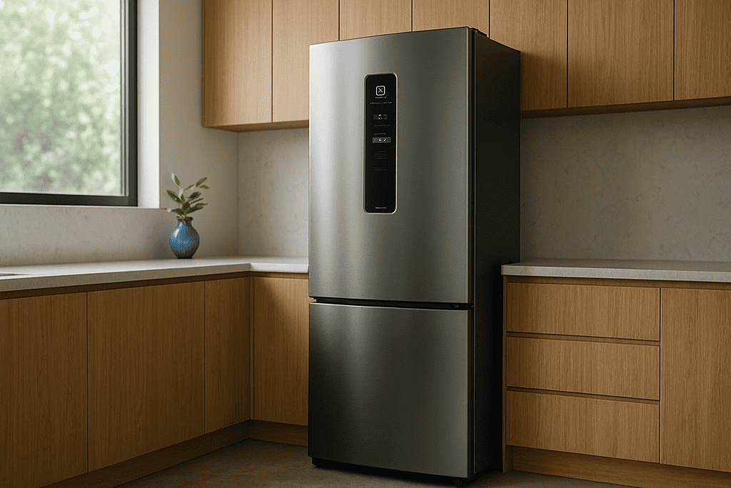 Geladeira Electrolux Frost Free preta em cozinha moderna com armários de madeira clara, bancada de quartzo branco e design minimalista.