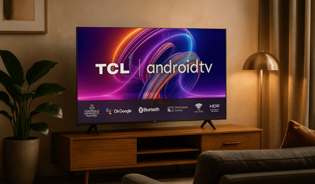 A TCL S5400 40 Polegadas em uma sala moderna, posicionada sobre um móvel de madeira, exibindo interface Android TV com recursos como HDR, Bluetooth e Chromecast.
