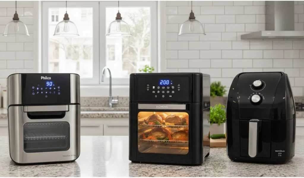 Três modelos variados das Melhores Air Fryers 2025 dispostos em uma bancada de cozinha espaçosa e moderna, ilustrando as opções de design e funcionalidade para famílias.
