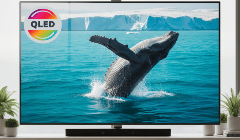 Smart TV 4K QLED de design elegante, exibindo uma imagem vibrante de baleia saltando, destacando a tela imersiva e a qualidade de imagem para o artigo sobre a 'oferta real' com 'metade do valor'.