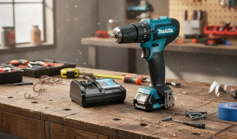 Uma furadeira e parafusadeira Makita a bateria, em uma bancada de madeira rústica e detalhada de oficina. Ao lado da furadeira e parafusadeira Makita, está seu carregador de bateria.
