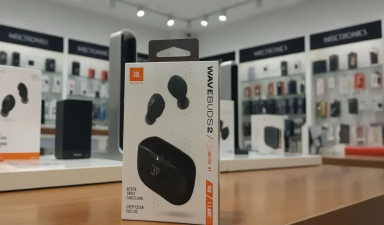 Embalagem preta do fone de ouvido JBL Wave Buds 2, com os fones e o estojo de carregamento exibidos, em destaque sobre um balcão de madeira em uma loja de eletrônicos moderna. Prateleiras com diversos produtos eletrônicos desfocados ao fundo. A embalagem detalha funcionalidades como 'Active Noise Cancelling', 'JBL Pure Bass' e '40h de bateria', ideal para o artigo sobre o fone de ouvido sem fio barato e resistente à água.