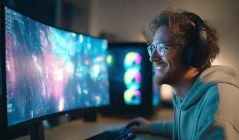 Monitores gamer TCL curvo QD-Mini LED em uso por jogador feliz e imerso