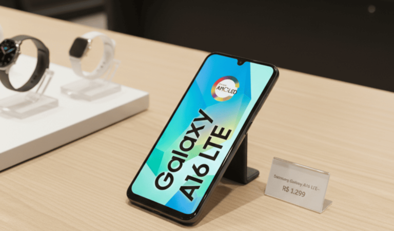 "Imagem de destaque para o artigo 'Samsung Galaxy A16: o único intermediário com 6 anos de suporte e tela AMOLED – Review 2025'. O Samsung Galaxy A16 LTE é exibido de forma proeminente em um stand de exposição em uma loja de eletrônicos, mostrando sua vibrante tela AMOLED