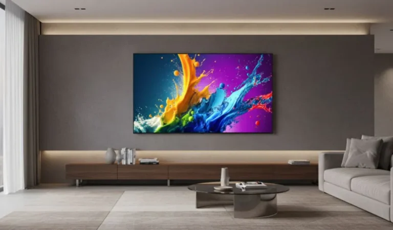 TV LG 55 Smart QNED 4K UHD na parede de uma sala moderna e luxuosa, com imagem vibrante na tela. Melhor tv custo-benefício 2025.