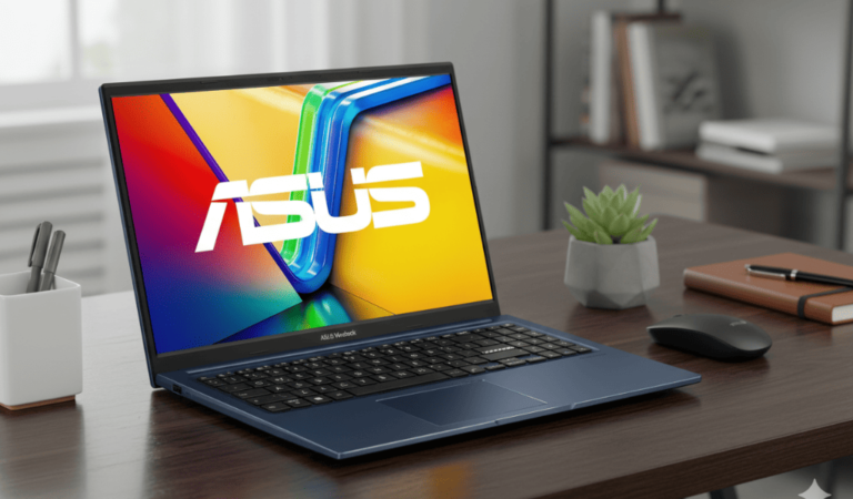 Notebook ASUS Vivobook 15 azul em uma mesa de escritório de madeira rústica, em um cenário bem iluminado. A tela do notebook exibe o logotipo da ASUS com um fundo colorido vibrante. Periféricos como um mouse e itens de escritório estão dispostos ao lado, destacando o ambiente de trabalho organizado e a elegância do Notebook ASUS Vivobook 15. Ideal para quem busca um laptop moderno e funcional para o dia a dia e com preço incrível na Black Friday Amazon.