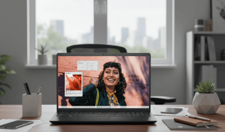 Notebook Dell i5 moderno exibido em uma mesa de escritório de madeira em um escritório bem iluminado, com um arranha-céu visível pela janela ao fundo. A tela do laptop mostra uma mulher sorrindo e aplicativos abertos, destacando a usabilidade e desempenho do notebook para tarefas diárias e produtividade. Perfeito para profissionais e estudantes que buscam um notebook Dell i5 eficiente e elegante.