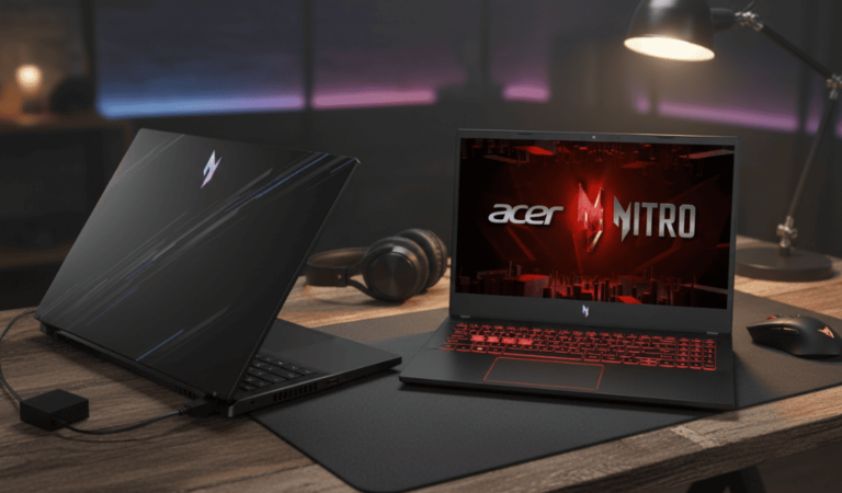 Dois notebook gamer Acer Nitro V15, dispostos sobre uma mesa de madeira rústica em um cenário com iluminação ambiente. O notebook em primeiro plano exibe o logotipo 'Acer Nitro' em sua tela, destacando seu design agressivo e retroiluminação do teclado. O outro notebook está levemente inclinado, exibindo sua tampa preta com detalhes gráficos e logotipo colorido.
